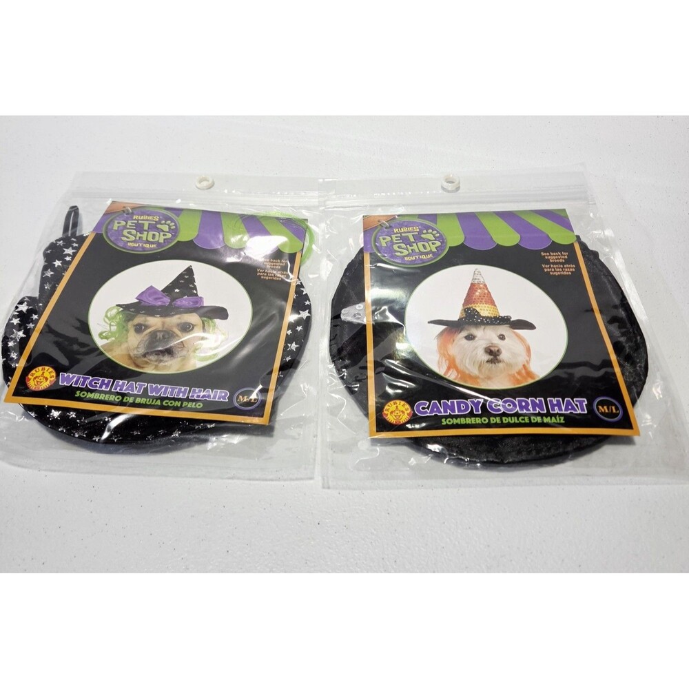 Set Of 2 Halloween Pet Costume Hats With Hair Candy Corn Witch